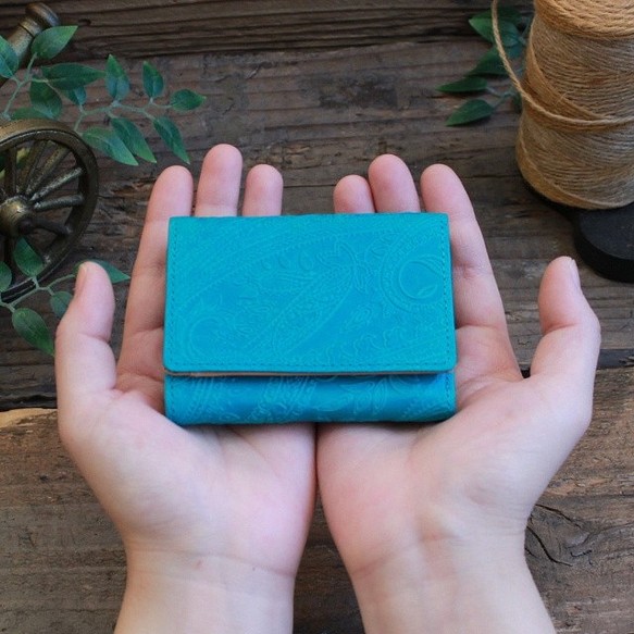 Soft Leather Mini Wallet / TURQUOISE BLUE (Paisley)*ミニ財布*革財布 1枚目の画像
