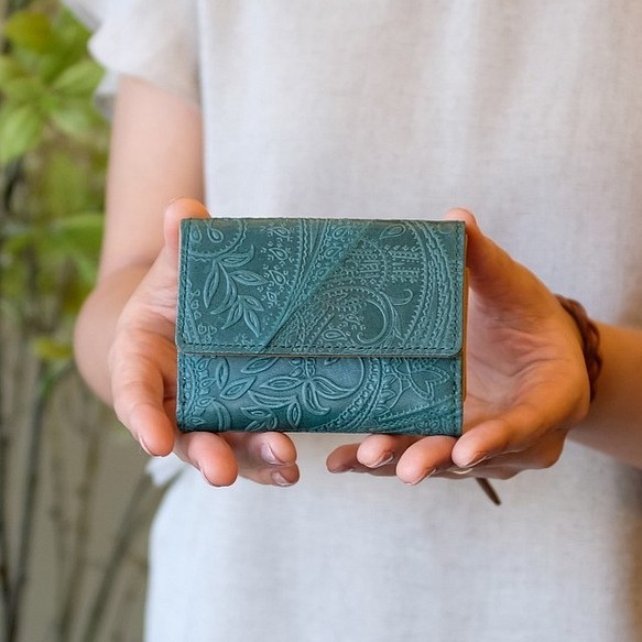 Soft Leather Mini Wallet / FOREST GREEN (Paisley) *ミニ財布*革財布 1枚目の画像