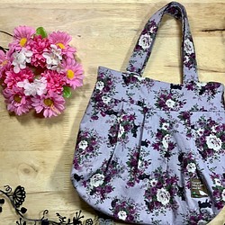 [S大小]玫瑰和貓！棉亞麻奶奶袋紫色&lt;推薦用於午餐袋&gt; 第1張的照片