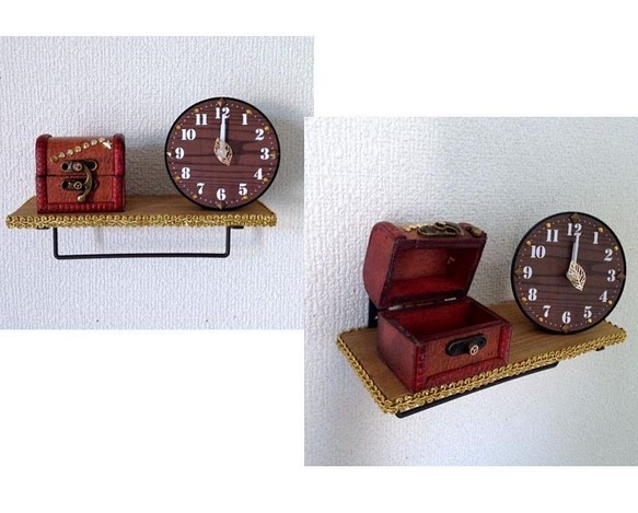 フックバー デザイン ウッドウォールシェルフ◆アンティーク風小物入れ＆2wayで使える時計のセット 1枚目の画像
