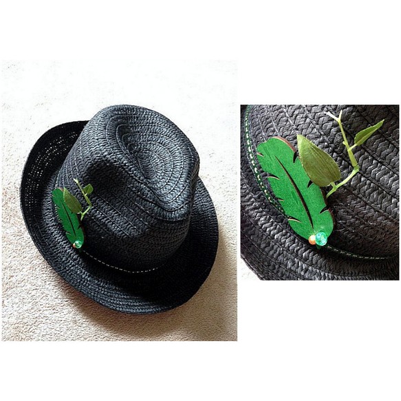男女兼用◆グリーンウッドリーフとラメレースの ブラック 後ろ折れ ハット 帽子 1枚目の画像