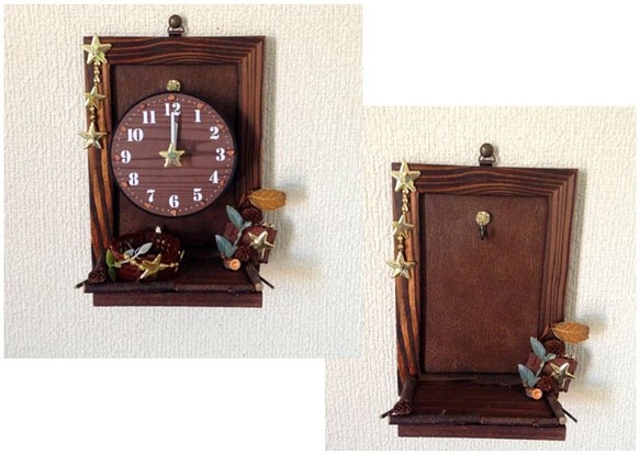 小さなカゴの小物入れ付き◆2wayで使える壁掛け＆置き時計◆バッグフェイクレザー 1枚目の画像