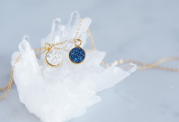 【14KGF】Necklace,Gemstone,Tiny Druzy[Silver/Royal Blue] 1枚目の画像
