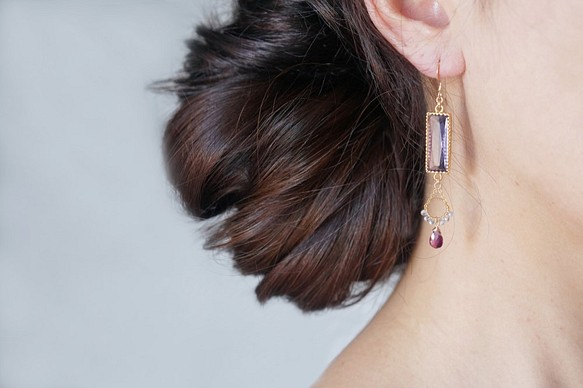 14KGF Rhodorite 【★大感謝セール】 Garnet Rectangle Glass Earrings 新入荷 流行