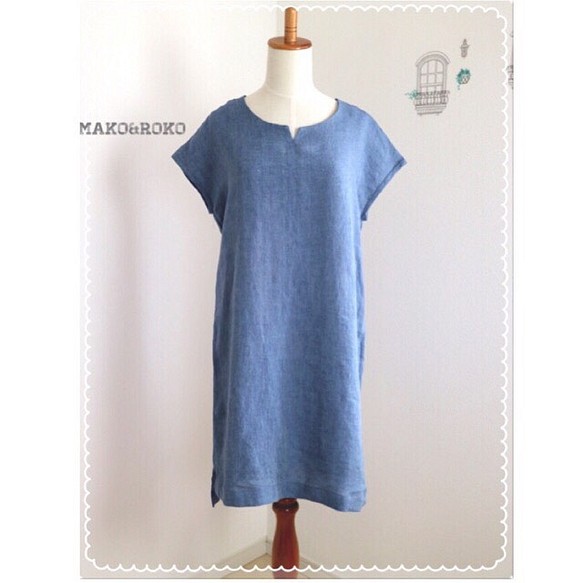 【浅蓝色】柔软麻料100%三角袖连衣裙 第1張的照片