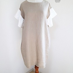 新作品【greige x white】法式亞麻100%荷葉邊袖連衣裙♪ 第1張的照片