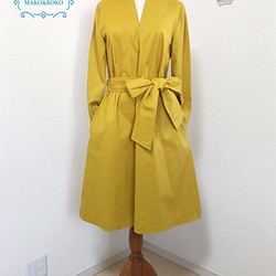 新款【芥末黃】開衩領口緞帶連衣裙♥ 第1張的照片
