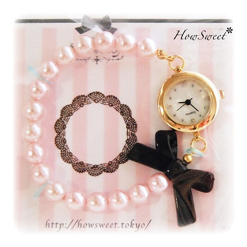 【HowSweet＊】パール×リボンの上品でお洒落なブレスレット腕時計［Pink×黒］ 1枚目の画像