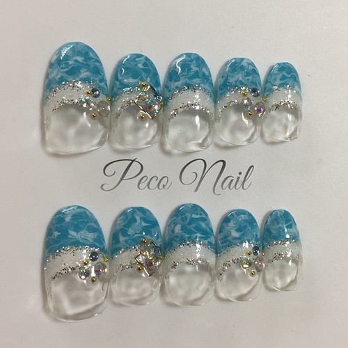 Wフレンチ ターコイズ ネイルチップ ネイルチップ ネイルシール Peco Nail 通販 Creema クリーマ ハンドメイド 手作り クラフト作品の販売サイト