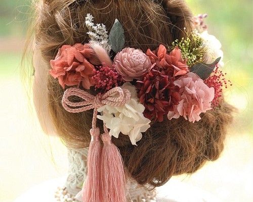 成人式 髪飾り 桜ピンクとふんわりレッドのヘッドドレス ドライ 