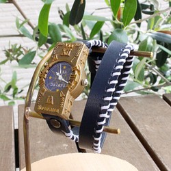 通過Salaria手工製作的手錶（十字古董鐘藍色和深藍色雙纏繞皮帶） 第1張的照片