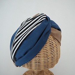 切換寬發頭巾（結）☆午夜藍×米色×條紋 第1張的照片