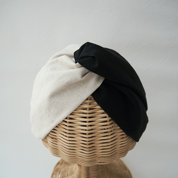 頭巾（結）☆棉麻天然米色×黑色 第1張的照片