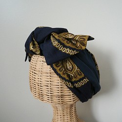 2way頭巾（領帶）☆圓形金色圖案×海軍 第1張的照片