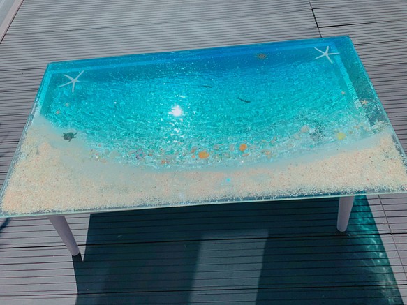 chekoマル様専用　センターテーブル ターコイズブルームーンのビーチ  ホヌ&イルカのラグーン　minamo 1枚目の画像