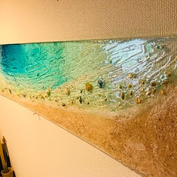 壁掛けパネル ターコイズブルームーンビーチmimamo 海 砂浜 波打ち際 110cm×25cm 1枚目の画像
