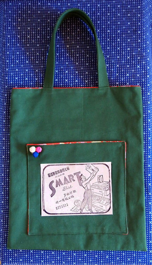 使用複古棉 * 可容納 A4 Blackboard 綠色的簡單袋子 第1張的照片