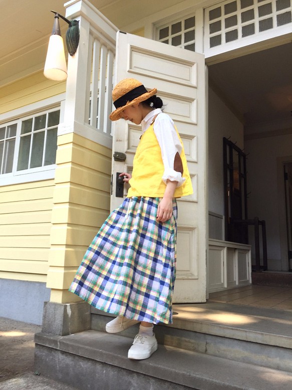 春のお洋服 - 予約販売　リネンのリバーシブルスカート  yellow × check...No.04 1枚目の画像