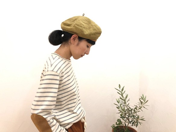 reversible linen beret　01   blown-gold × picnic check 第1張的照片