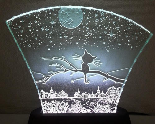 星降る夜・ネコ ガラスエッチングパネル（満月） Mサイズ・LED 