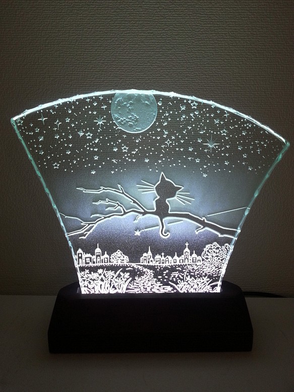 繁星之夜/貓眼玻璃蝕刻面板（滿月）M尺寸/ LED支架套裝（貓/貓） 第1張的照片