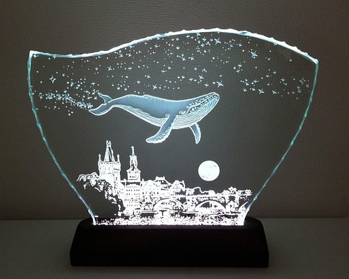 星降る夜・クジラ・プラハ ガラスエッチングパネル Lサイズ・LED
