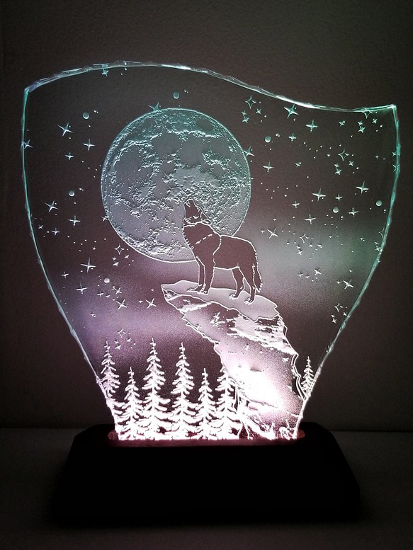 星月夜・オオカミ エッチングパネル Mサイズ・LEDスタンドセット