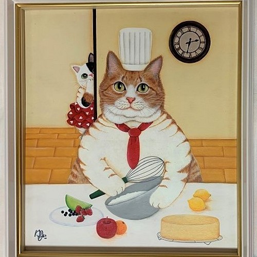 原画】「パパはパティシエ」／ぽっちゃり猫／色紙額入り 絵画 猫心