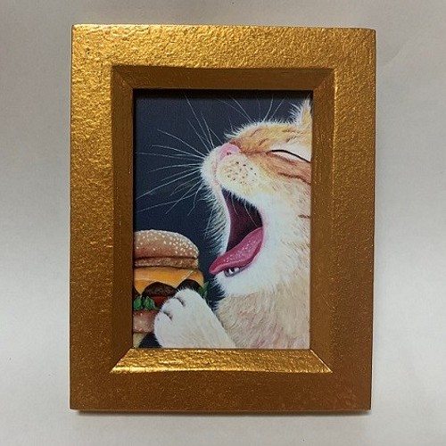 ミニ額・猫とハンバーガー／インテリア 絵画 猫心～にゃんはーと