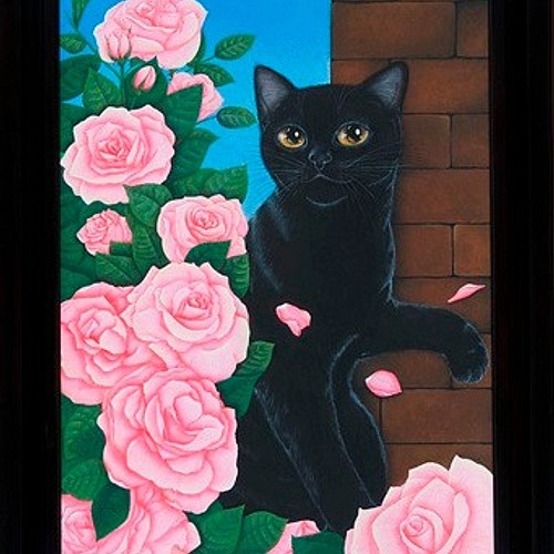 原画】薔薇園の黒猫／油彩額入り 絵画 猫心～にゃんはーと～ 通販