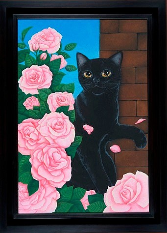 宅配 リアル 額付き(黒）油絵 油絵 uF6-062104 絵画【猫と紫の薔薇