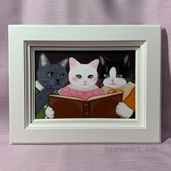 原画】「不思議な絵本」／インテリア／油彩額入り 絵画 猫心～にゃん