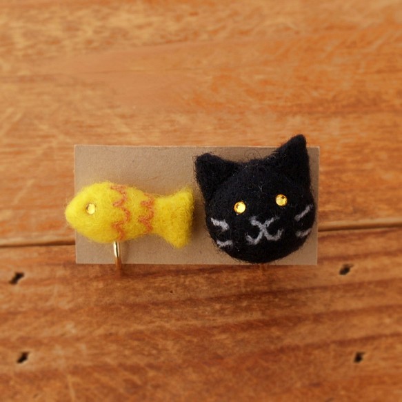 [定做] 毛氈耳環，貓（黑色） 第1張的照片