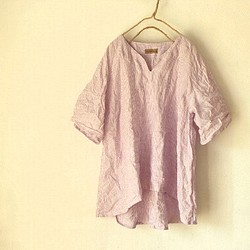 【受注製作】国産リネン100％ストライプ　Ａラインキーネックシャツ ブ　パープル系 1枚目の画像