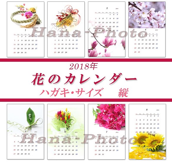 花のカレンダー　1　 はがきサイズ縦版　2018年　 1枚目の画像