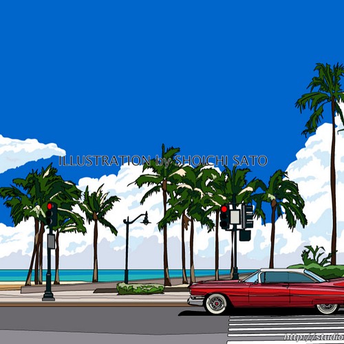 版画作品 南国イラスト 常夏beach Street 海岸線を走るキャデラックのイラスト その他インテリア雑貨 Studio Alec 通販 Creema クリーマ ハンドメイド 手作り クラフト作品の販売サイト