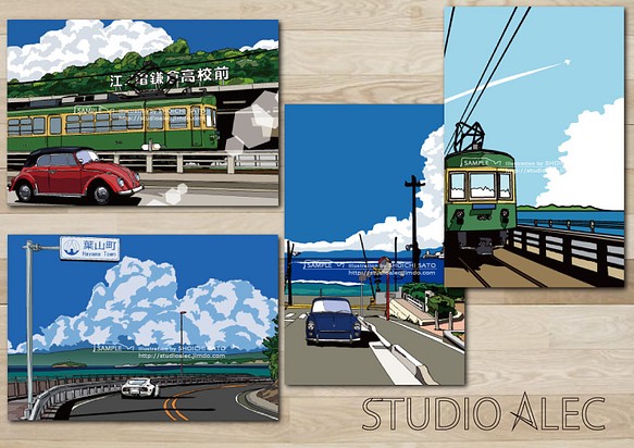 湘南イラスト・ポストカード　4枚セット（Eセット）　江ノ電や江ノ島、湘南の風景を描いた人気のポストカードセットです♪ 1枚目の画像