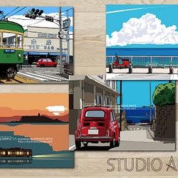 湘南イラスト・ポストカード　4枚セット（Bセット）　江ノ電や江ノ島、湘南の風景を描いた人気のポストカードセットです♪ 1枚目の画像