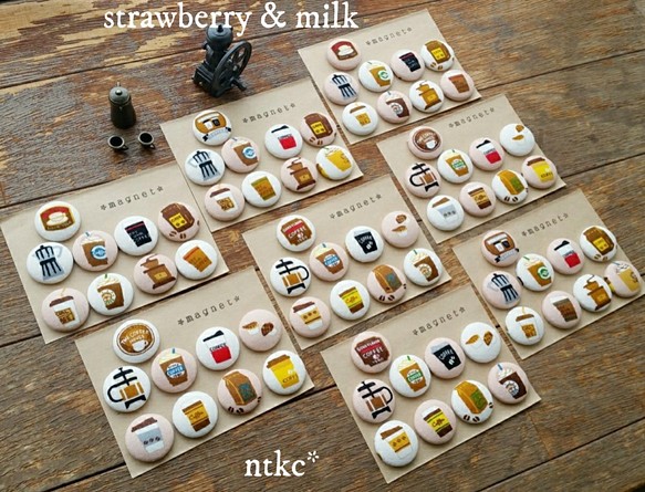 マグネット 9個セット【strawberry & milk】(ピンク×キナリ) ＊cafe time＊ 磁石 インテリア 1枚目の画像