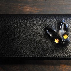 黒猫の長財布（表革：VACCHETTA800、仮セット猫目：琥珀色eyes）約261ｇ 猫目選べます♪ 1枚目の画像