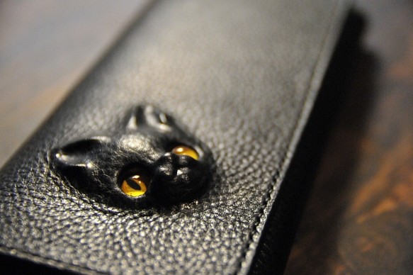 少しだけ特別版！黒猫の長財布（表革VACCHETTA800、仮セット猫目ケット・シーⅡ）約238ｇ 猫目選べます♪ 1枚目の画像
