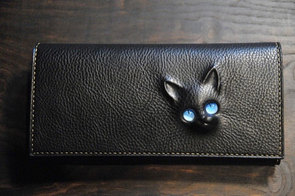 黒猫の長財布E（表革：イタリア VACCHETTA800、内装：キャメル/ブラック） 約220ｇ  猫目選べます♪ 1枚目の画像