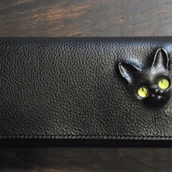 黒猫の長財布（表革：VACCHETTA800、仮セット猫目：ピスタチオ・グリーンeyes）約250ｇ 猫目選べます♪ 1枚目の画像
