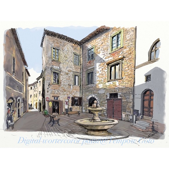 ポストカード ヨーロッパ風景画(組合せ自由4枚セットで1,000円)No.159  イタリア  噴水のある路地裏 1枚目の画像