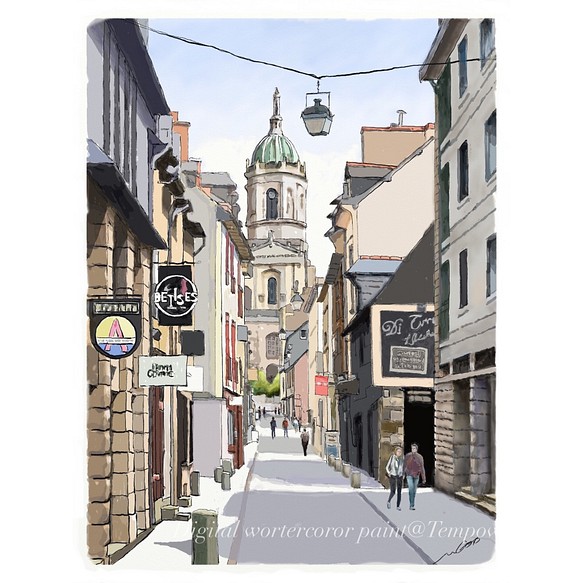ポストカード ヨーロッパ風景画（組み合わせ自由4枚セット1.000円）No.196  レンヌの教会通り 1枚目の画像
