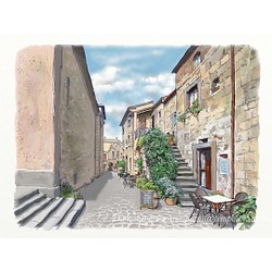 ポストカード ヨーロッパ風景画（他の絵と4枚セット売り1.000円）No.107 イタリア 小さな村のメインストリート 1枚目の画像