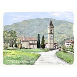 ポストカード ヨーロッパ風景画（他の絵と4枚セット売り1.000円）No.114  イタリア　村はずれの教会 1枚目の画像