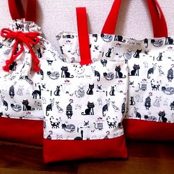 【再販】入園入学３点セット☆猫　赤レッスンバック、シューズ入れ、体操着袋 1枚目の画像