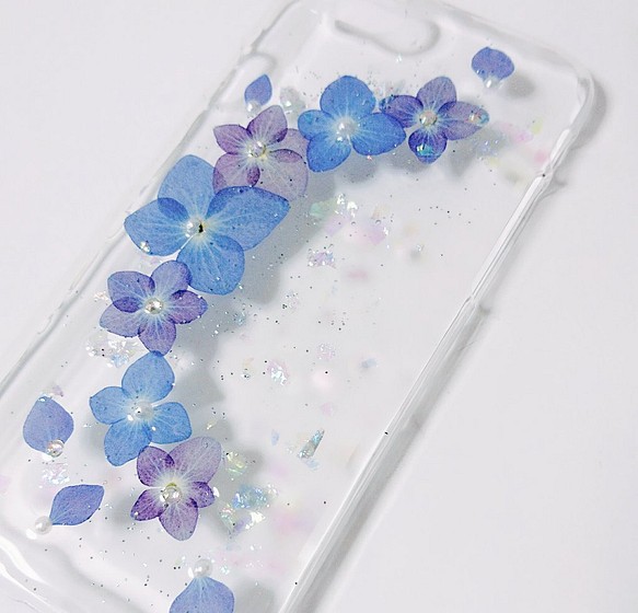 【新作】押し花スマホケース ハーフリース2紫陽花 ネオン付き iPhone以外の方 1枚目の画像