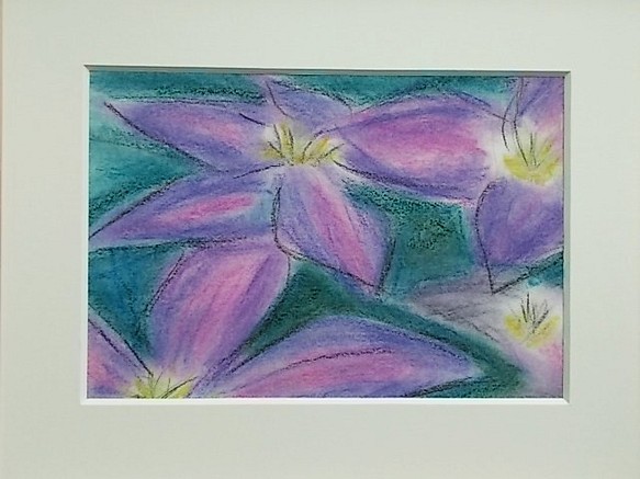 絵画 インテリア額絵 パステル画 紫色の花 クレマチス 1枚目の画像